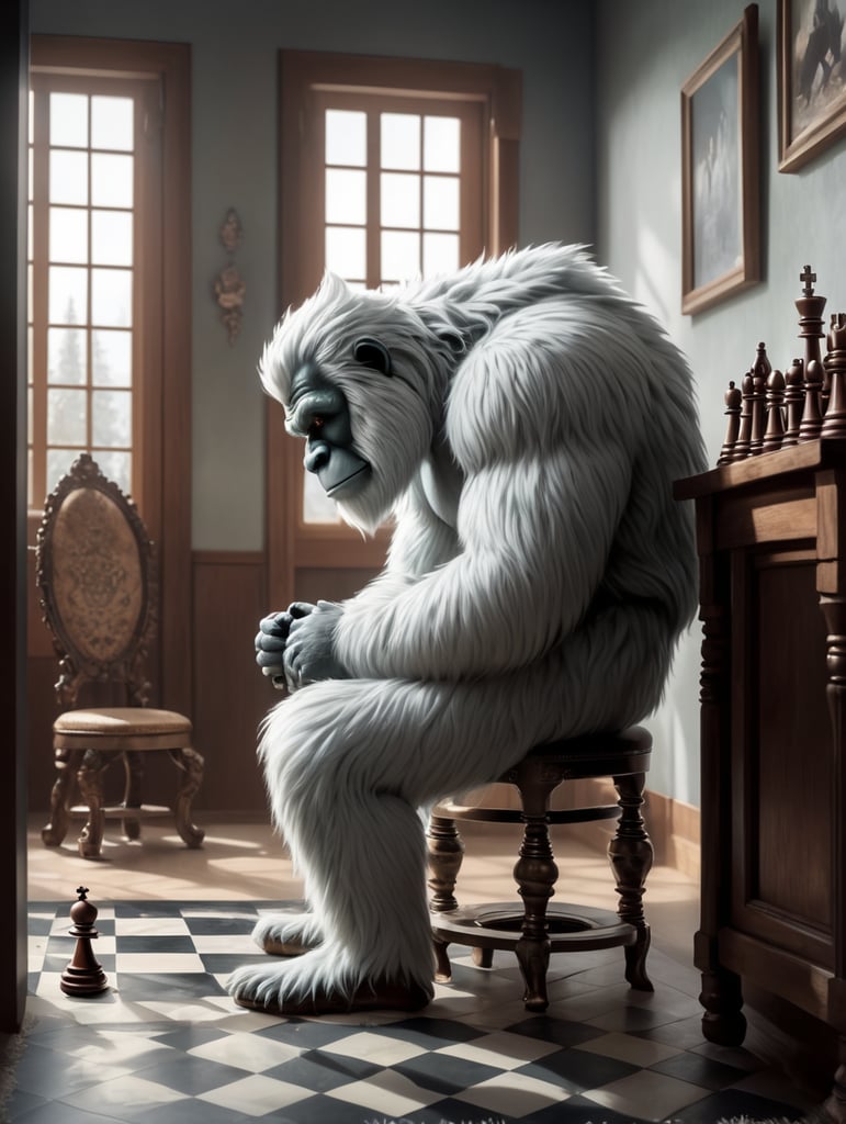 yeti inside a room, seen in profile, full-length, with a sweet expression, he is sitting on a small chair, playing chess, hyper-realistic