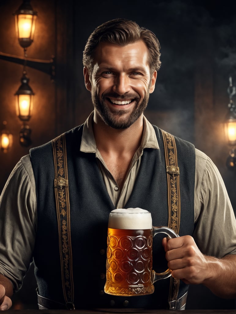 Bavarian man holding a mug of a beer, happy, traditional german costume, Oktoberfest, poster