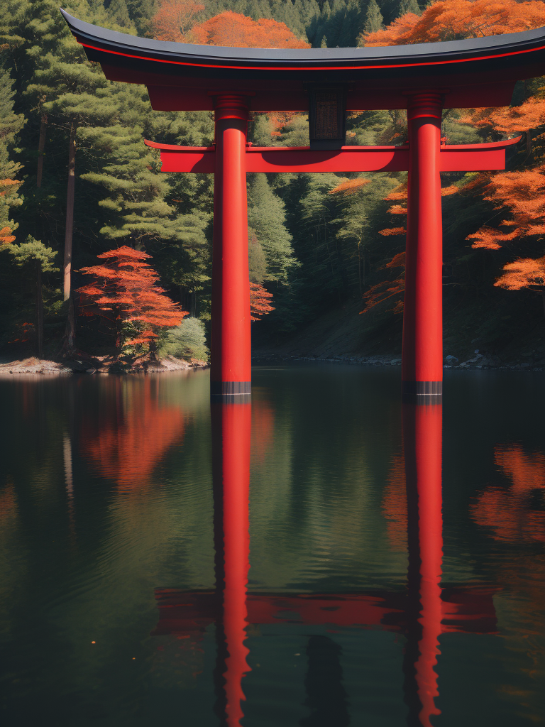 Red torii gate in middle of a lake, Dense forest on the edge of the lake, Bright and saturated colors, Japanese culture, photorealistic, contrast light