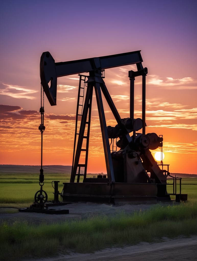 pump jack at night, beautiful sunset
