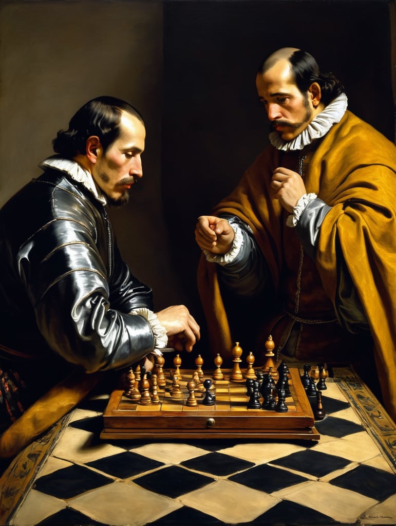 A masterpiece painting by Diego Velázquez, two man playing chess