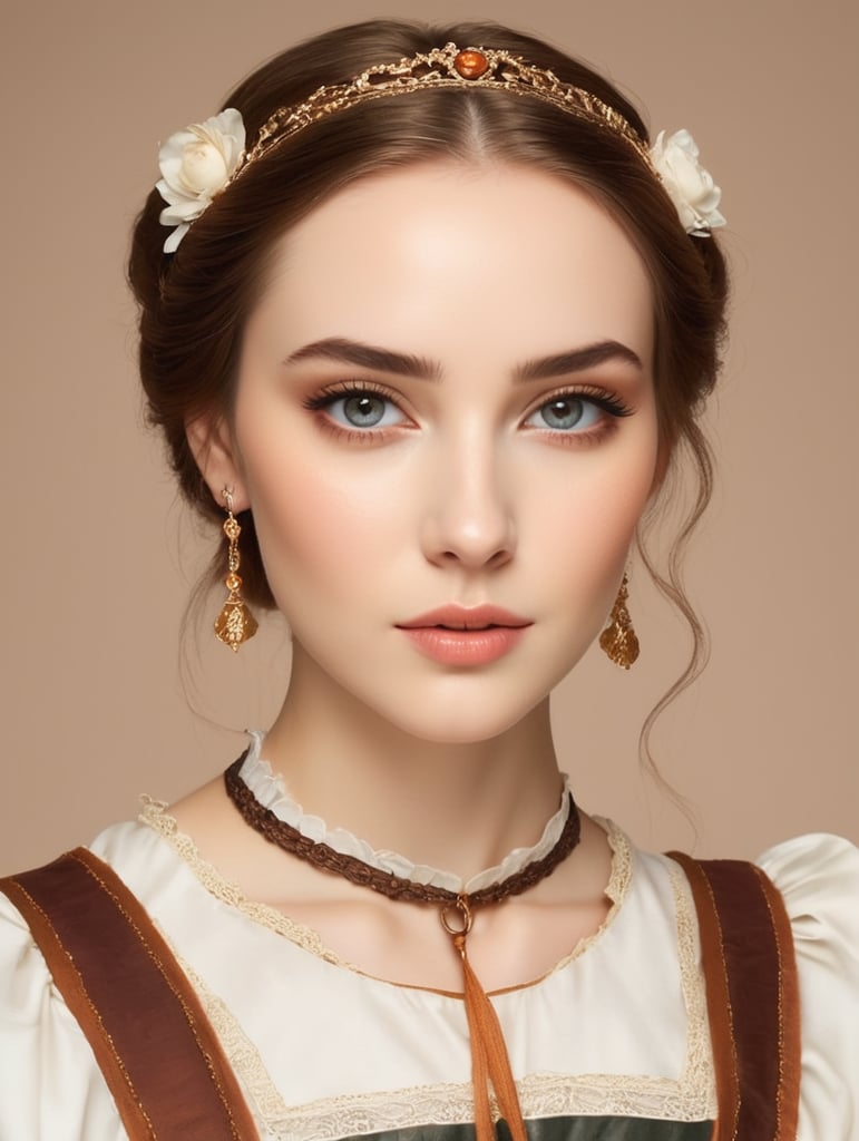 Create a softened depiction of a girl resembling Leah McNamara, dressed in a medieval maid's outfit with neatly tied hair. Apply a moderate amount of makeup, featuring subtle orange tones on the cheeks, natural-looking eyebrows, and a gentle downward gaze. Keep the overall makeup light, with a touch of foundation for a soft and natural appearance. The lips can be painted in a gentle, neutral tone, while the eyes receive a light touch of eyeshadow and eyeliner for a more subdued effect. Strive for a sweet and approachable look, maintaining the essence of a medieval maid-inspired appearance with a milder and more charming touch.