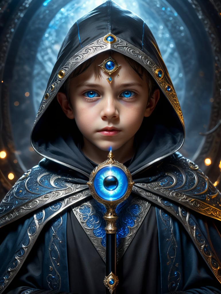 Child wizard divination silver starry black cloak gold eyes black and silver staff with blue glowing orb