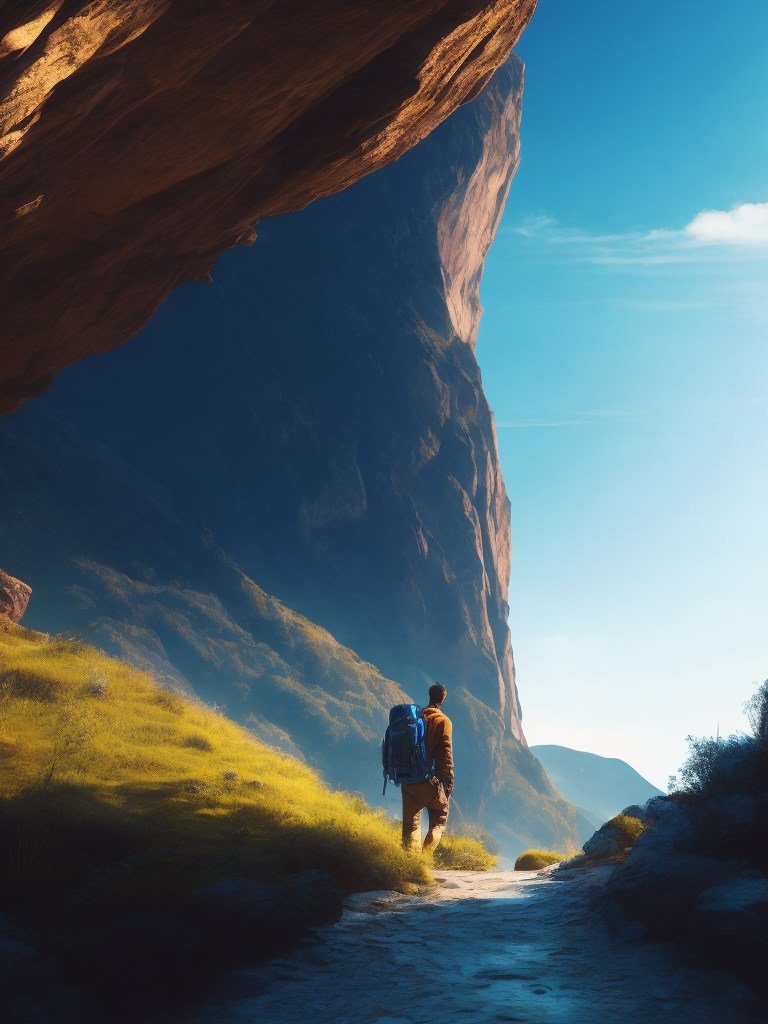 Man hiking in a mountain, brilliant blue sky, serene, peaceful, majestic, high detail, landscape, ultra hd, matte painting, highly detailed, concept art, contrast light, deep colors