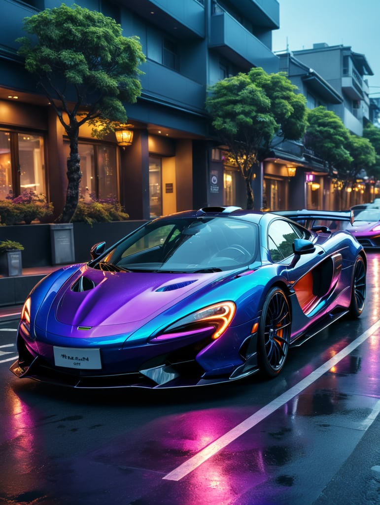 most beautiful blue and purple vibrant mclaren car known to man driving in tokyo