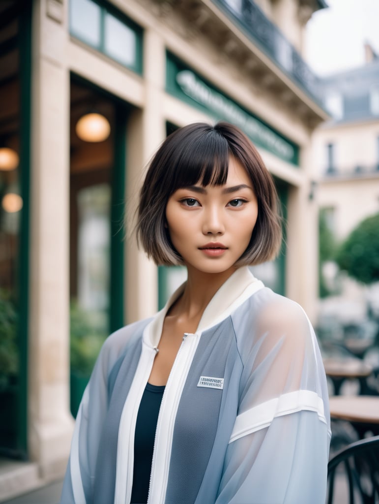 Portrait of a beautiful japanese fashion model with bob-cut hair and a sporty athleisure outfit, ethereal dreamy foggy, photoshoot by henri cartier bressons, editorial fashion magazine photoshoot, fashion poses, in front of parisian café terrace. kinfolk magazine. film grain. a soft smile