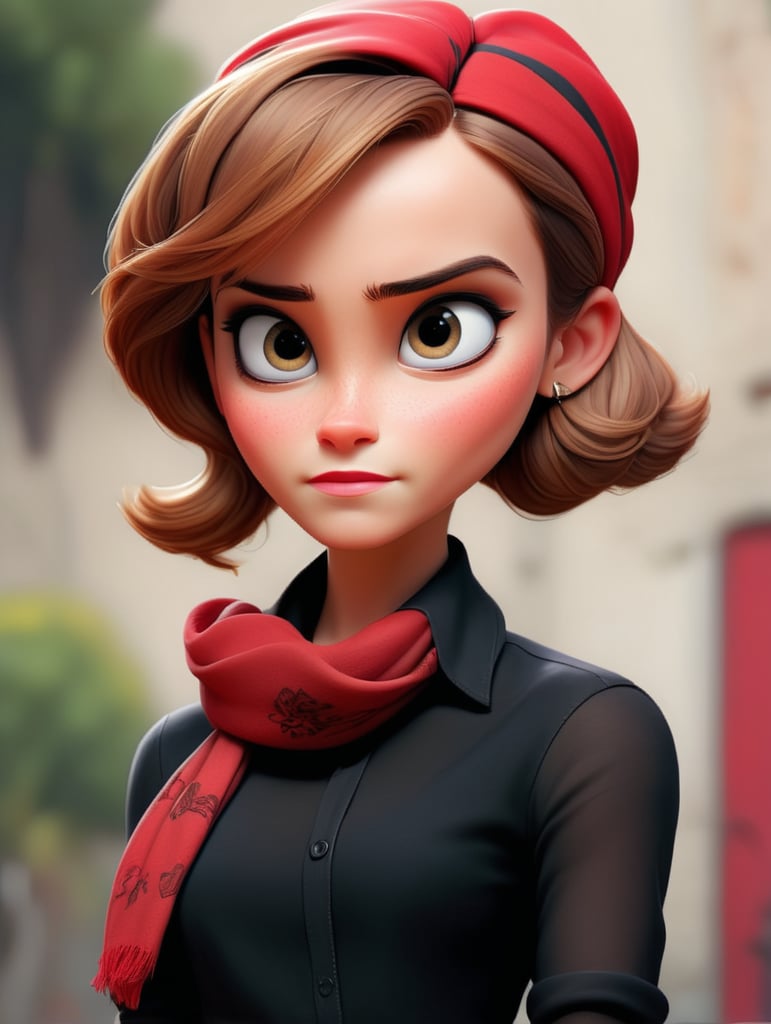 Portrait of Emma Watson wearing black blouse with red scarf, ultra realistic