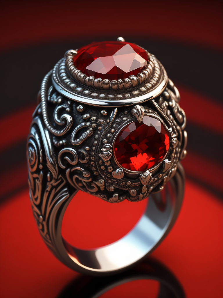 Royal silver ring with ruby, fantasy style, bright red background, rich colors, contrasting light, deep colors, high details