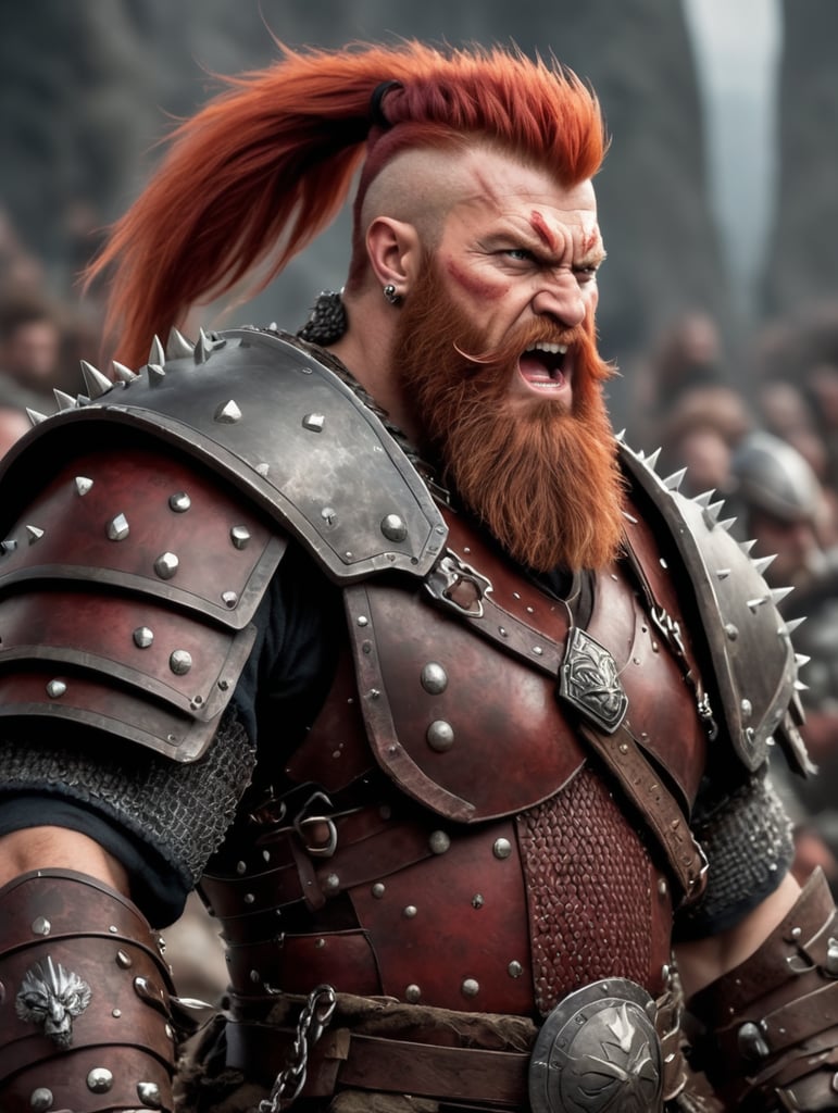 dark fantasy, dwarf barbarian, red hair, tall mohawk, long beard, red beard, spiked armor, angry face