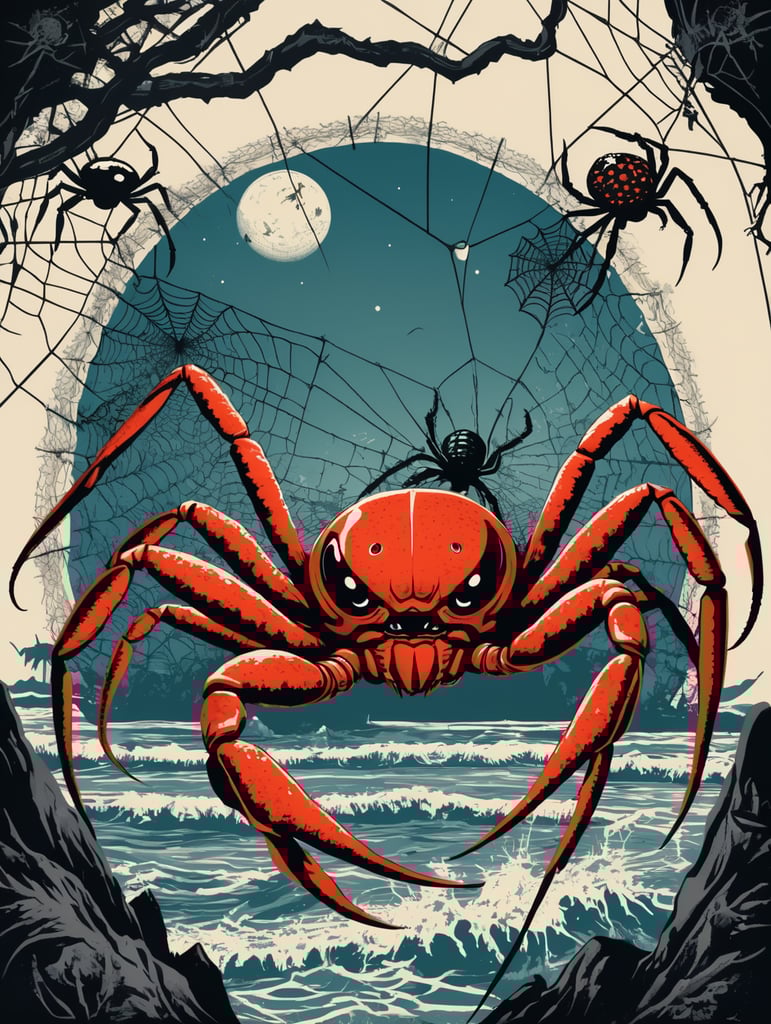1950's b-movie horror halloween t-shirt print design featuring a giant crab and black widow spider, spider webs, ocean, spider eggs