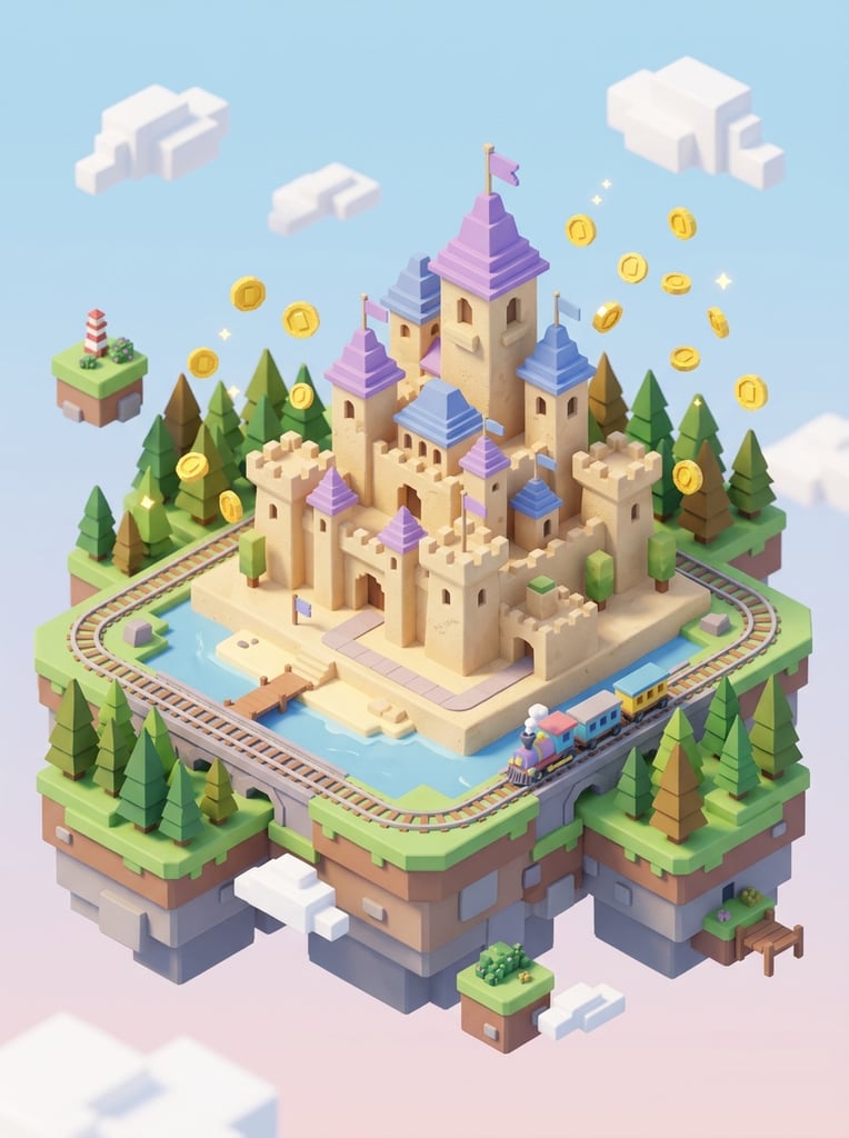 3D isometric blocky sand castle, purple and blue roofs, floating gold coins, geometric pine trees, floating terrain islands, miniature train tracks, soft matte textures, pastel color palette, playful cartoon rendering