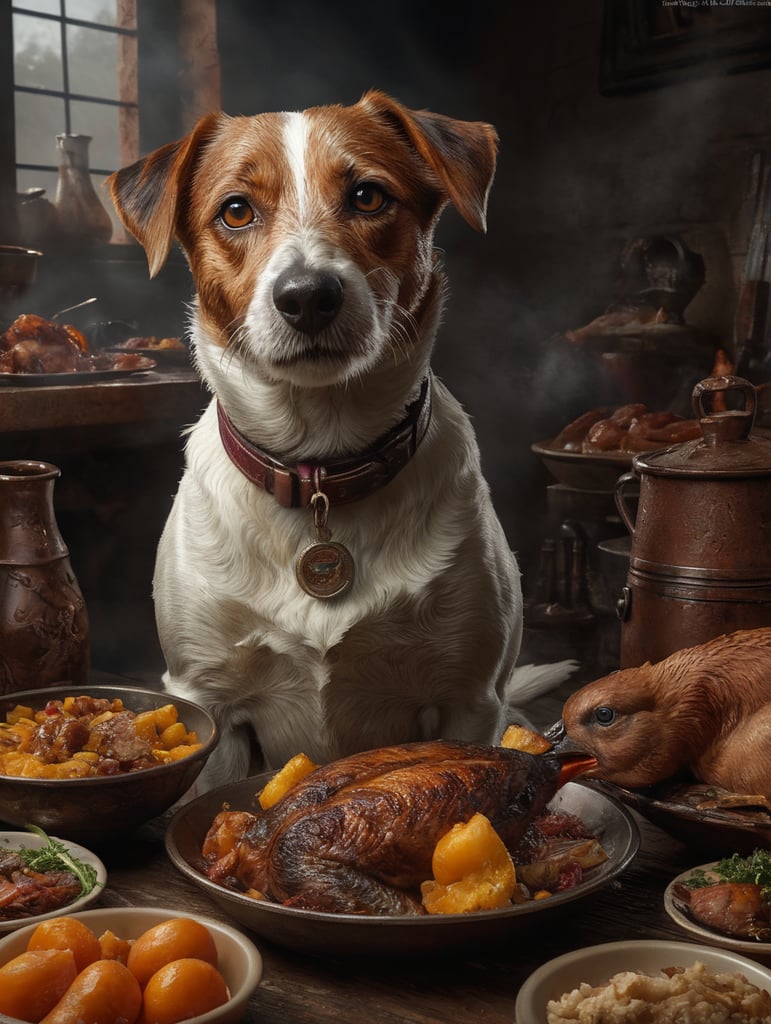 Old Jack Russell eats a delicious roast duck