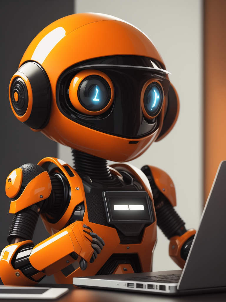 Orange and black AI robot typing on laptop , cute and lovely , simple, wearing jacket and glasses