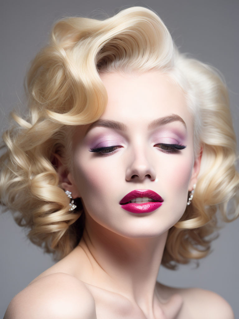 Portrait of Marilyn Monroe, ultra realistic, blonde hair, white dress, bright makeup, gradient background,
