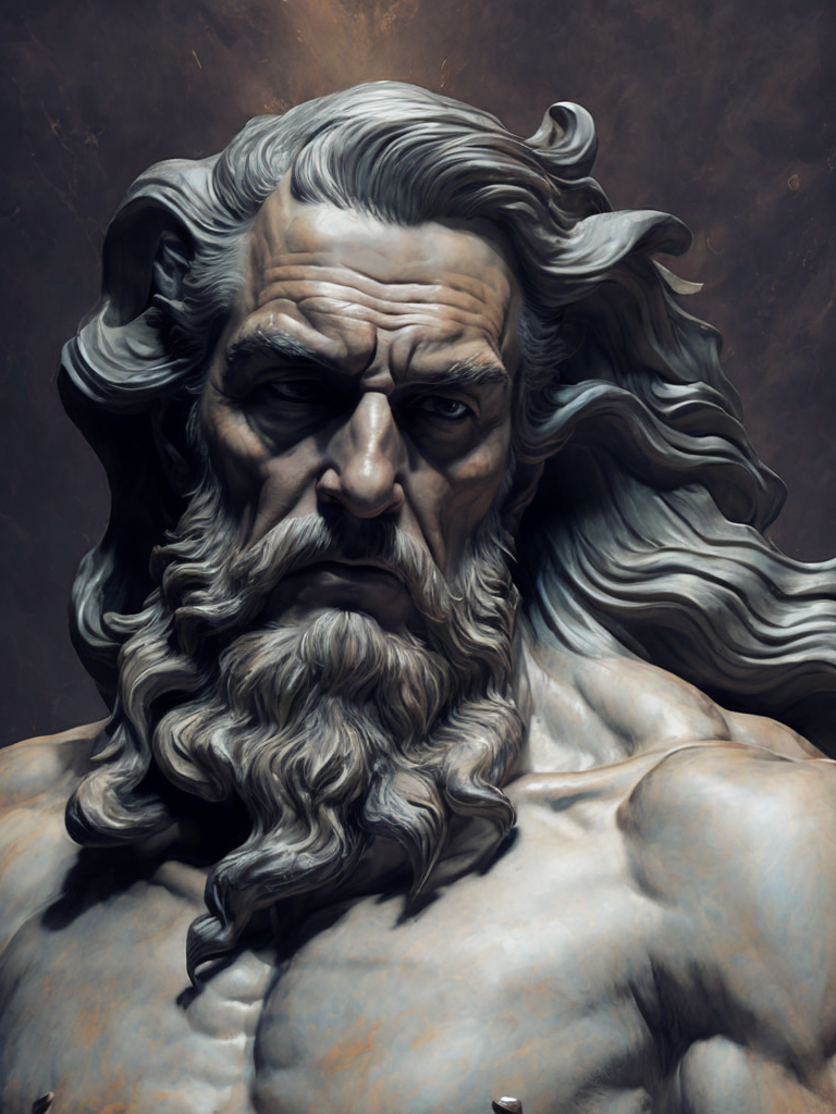 dark marble statue of zeus, dark atmosphere, sharp on details