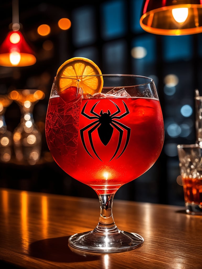 red like spiderman Drink Snifter Glass in a darkness bar, cinematic lighting, product shot, 4:3, 4k