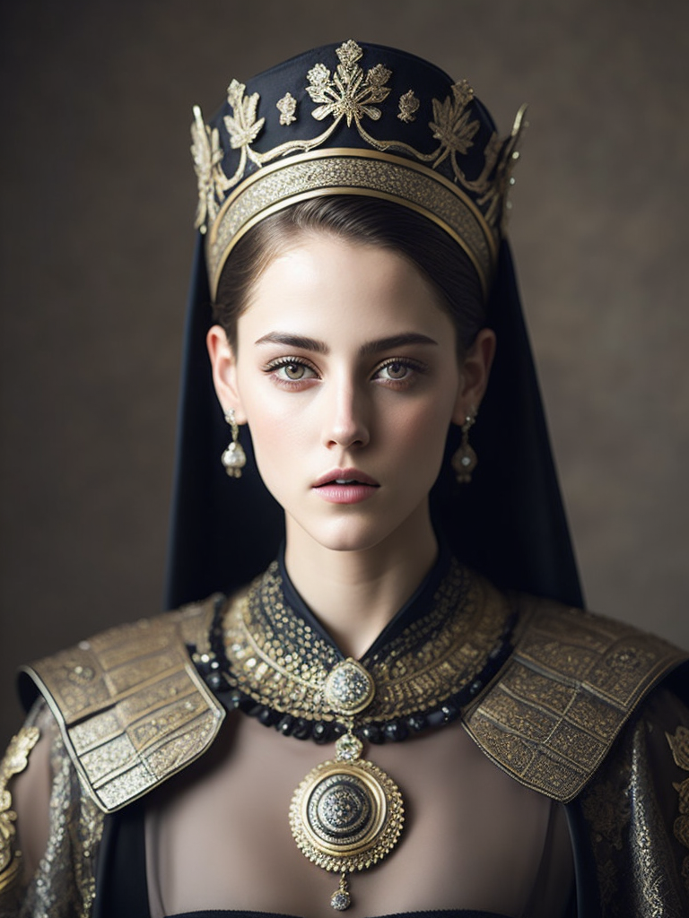 kristen stewart with arabic fashion black cloak and gold crown in the Renaissance ottoman throne kingdom, photo realistic, ultra-accurate detailed, bokeh lighting, hyper-realistic, real photo, real face of rose blackpink, ultra-detailed photograph