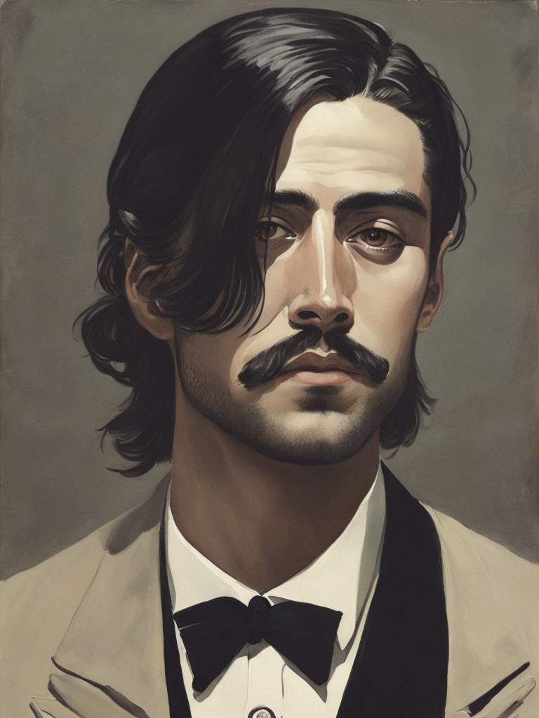 Illustration of a man with long dark hair in a suit with a bow tie, painting, oil, tempera, water color, collage, style of Hannah Höch