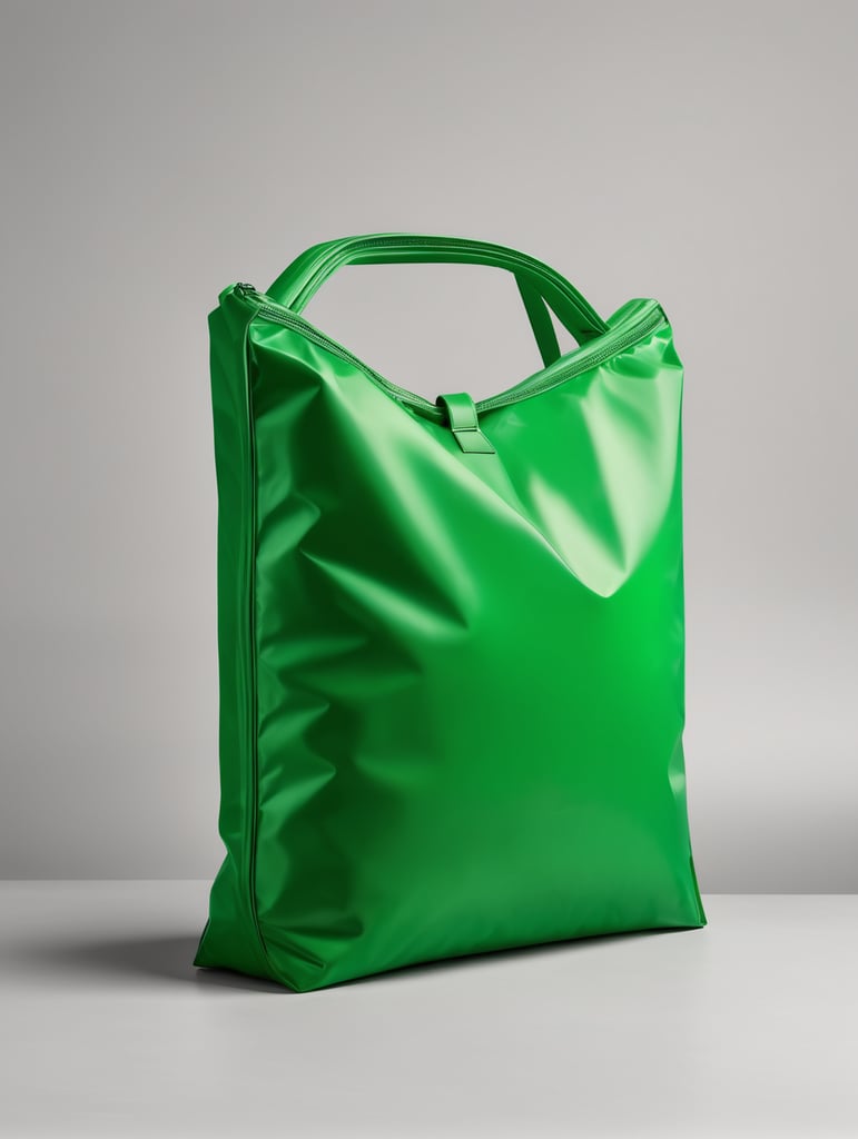 Inflatable vibrant green minimalist women's bag, isolated, grey background, mockup