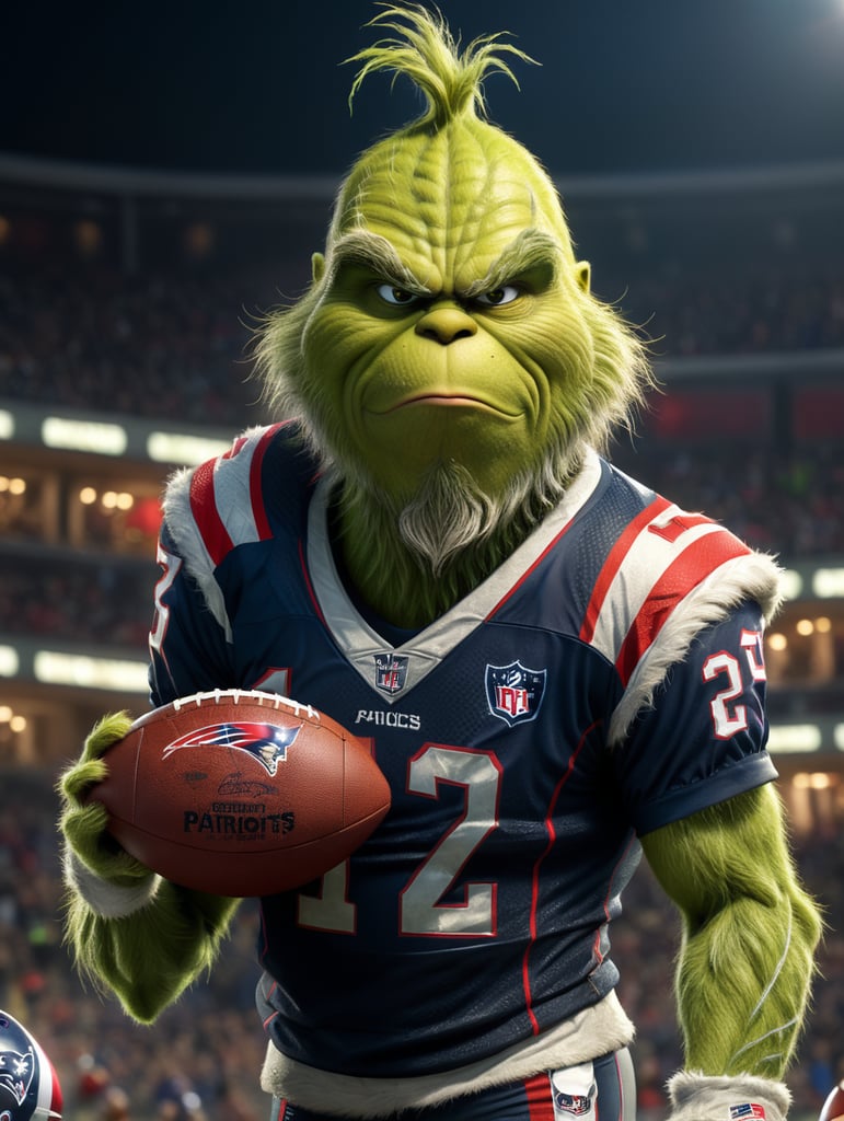 grinch wearing the patriots jersey holding a football with Christmas background