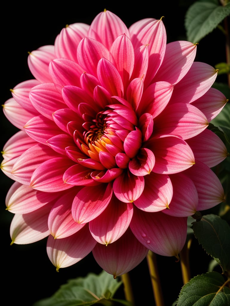 Realistic pink dahlia flower with leaves. Let there be dew grains on it. dark background