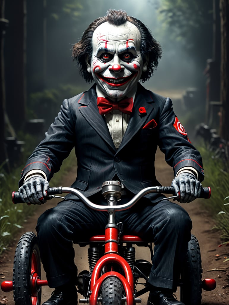 Billy the puppet from the movie saw drifting on his tricycle, highly detailed and resolution