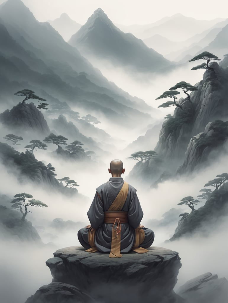 Anime Monk meditating in mountains