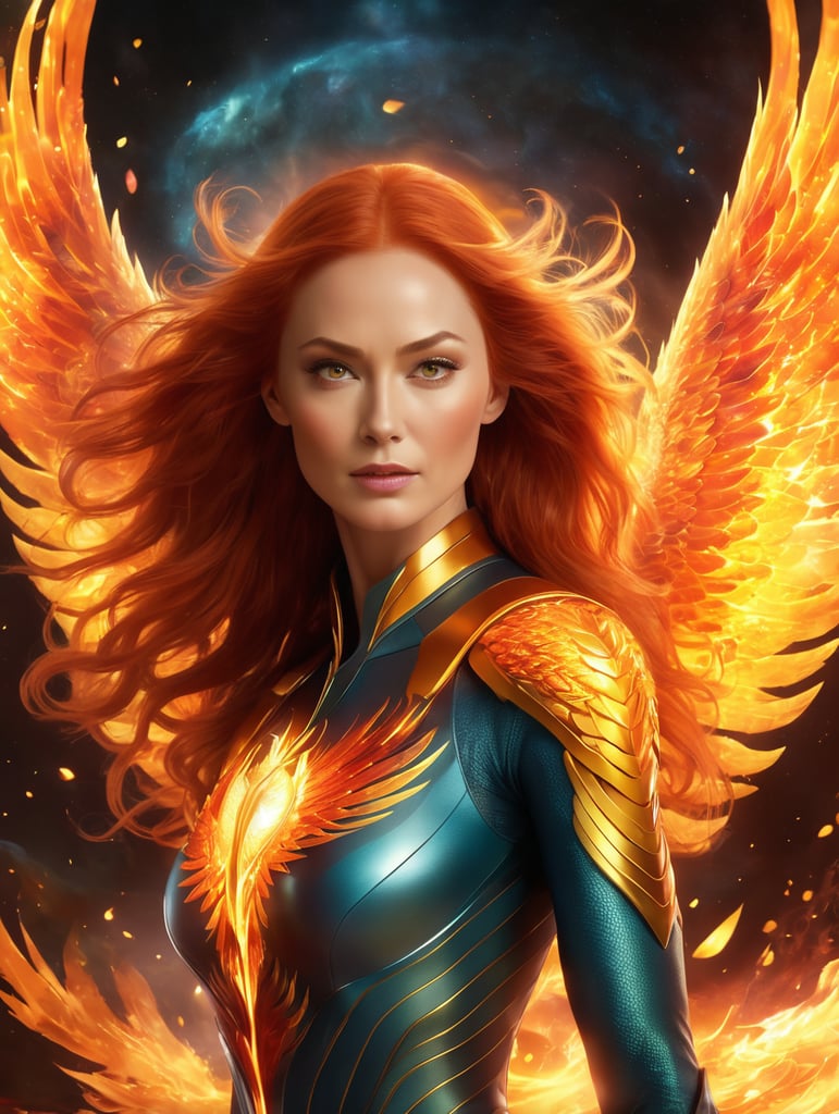 Jean Grey as a majestic phoenix reborn from digital ashes in a blaze of holographic flames in outer space
