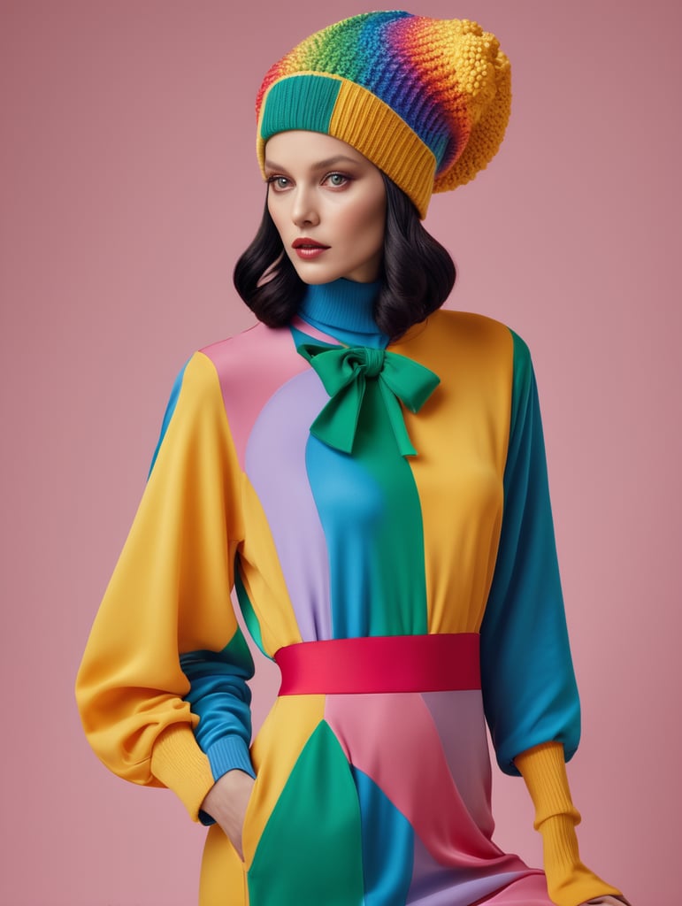 vogue photoshoot of an accurate Xenomorph from the movie Alien 1979 wearing a colorful beanie in Wes Anderson style, dress with bows