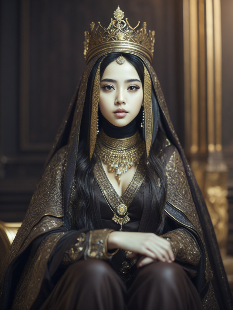 korean k-pop jisoo black pink with arabic fashion black cloak and gold crown in the Renaissance ottoman throne kingdom, photo realistic, ultra-accurate detailed, bokeh lighting, hyper-realistic, real photo, real face of rose blackpink, ultra-detailed photograph