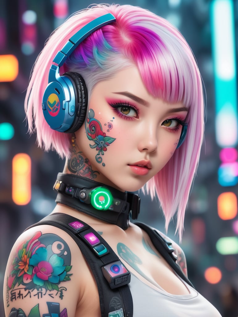 a cute anime girl with tattoo on face ,white skin ,colorful hair and she on Cyberpunk style (4K)