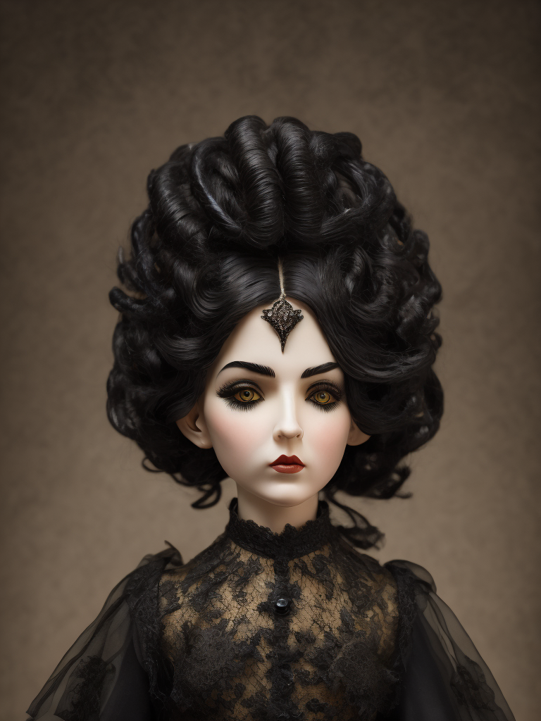 Quay Brothers style, Victorian porcelain doll head with black mambo snake hair, intricate black lace dress, muted colors, gothic horror, highly detailed, 4k