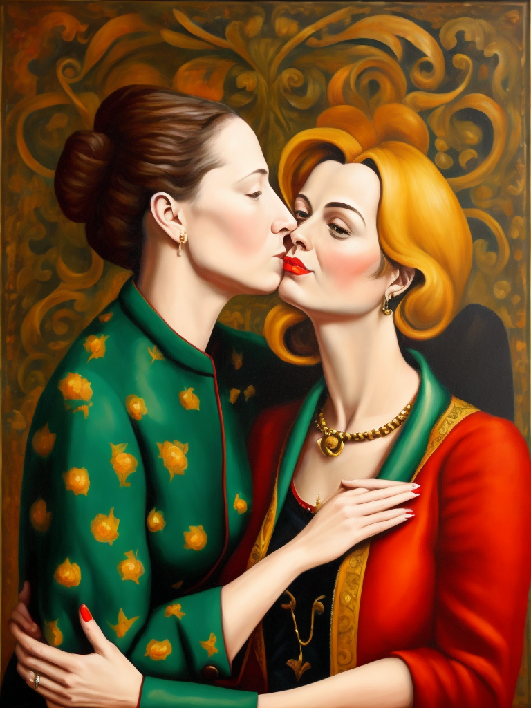 a two women kissing, style of Catherine Nolin, Painting, Acrylic, Oil, Portrait, Interior, USA