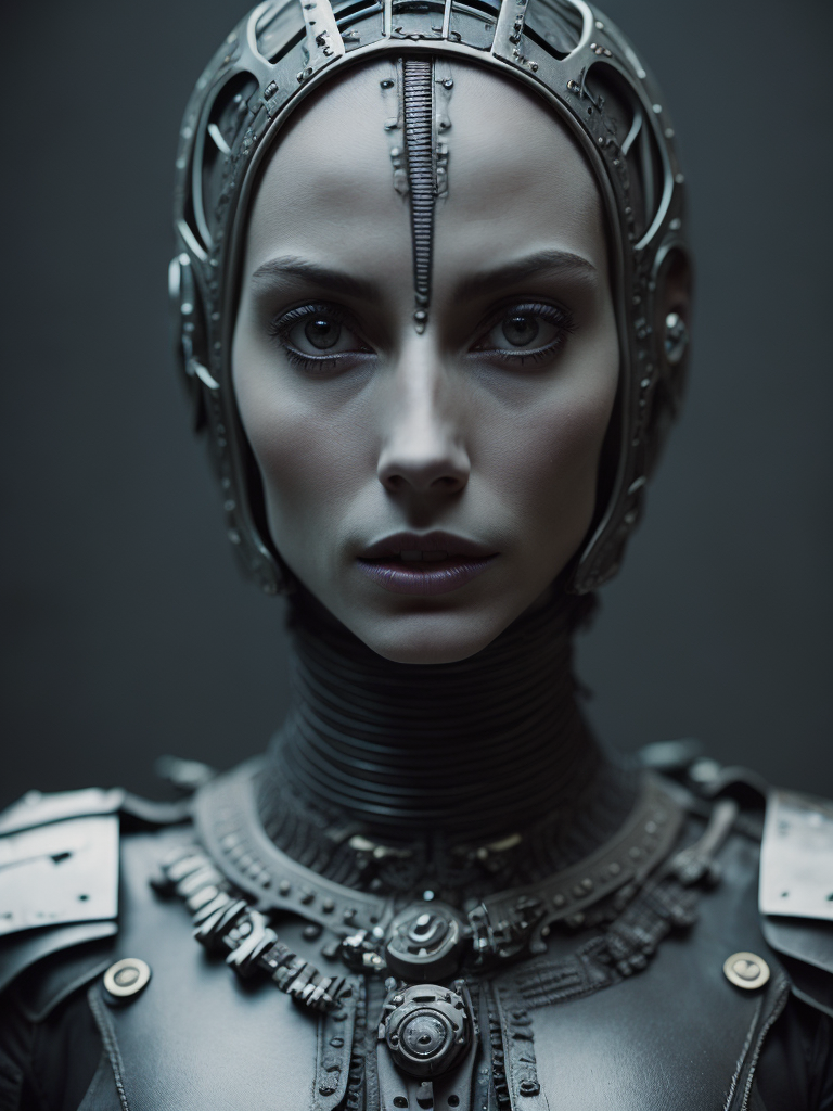 Female robot, Giger style, black and white, high contrast, metal face, many details, slim, stylized body