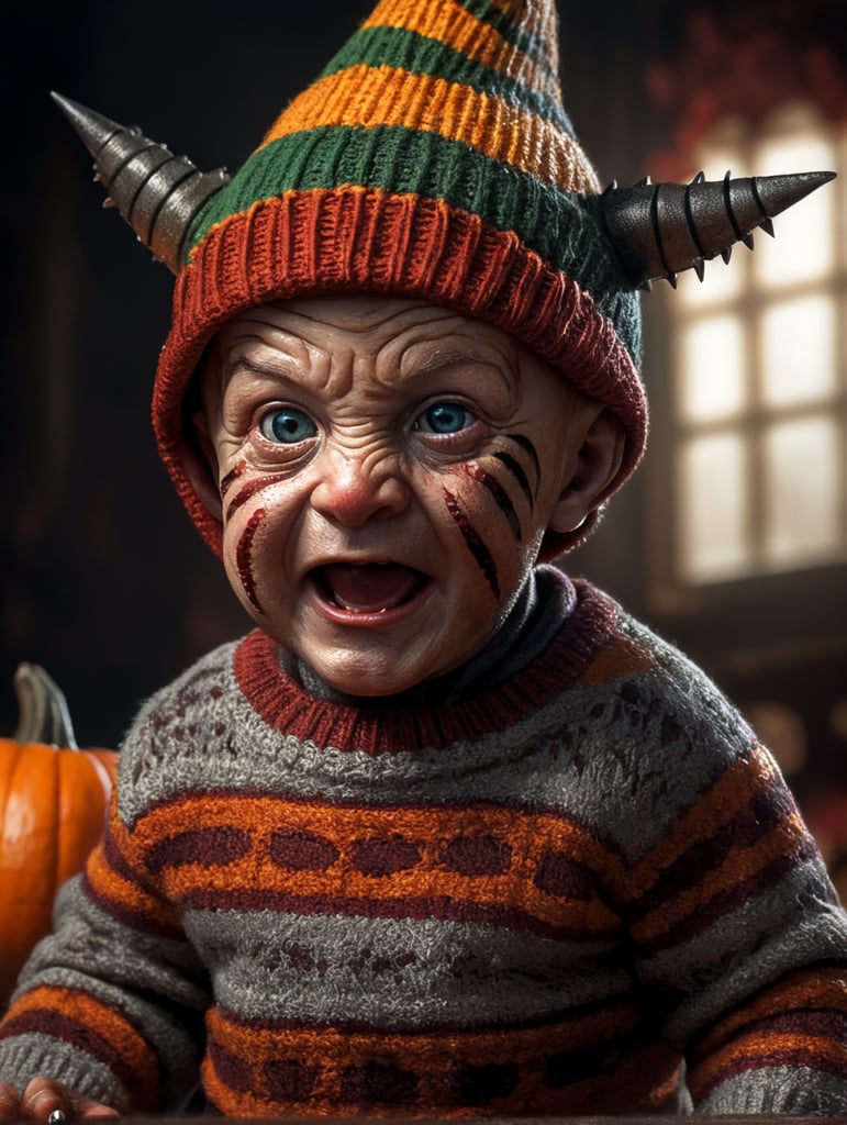 Freddy Krueger as a little cute baby, metal claws, sweater with stripes, hat, Halloween, Vivid saturated colors, Contrast color