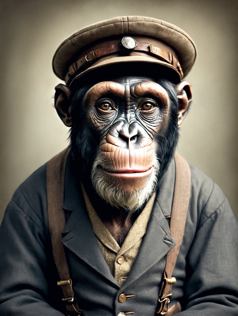 Portrait of a chimpanzee in Victorian-style labourer’s clothes