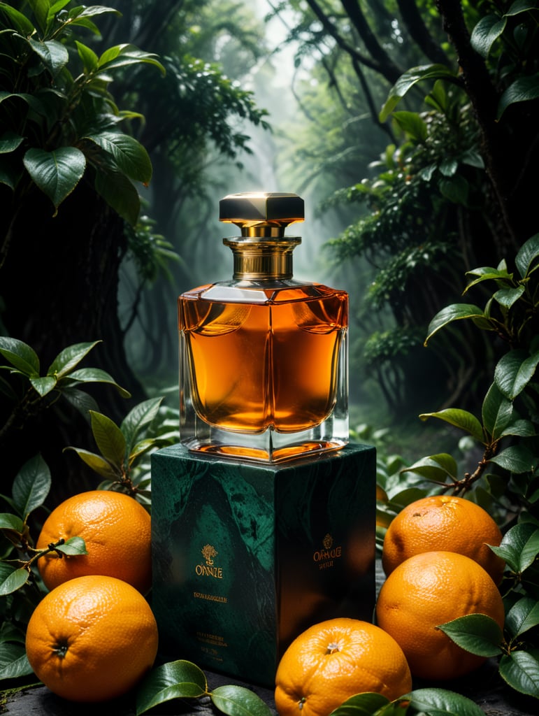 professional photography of a luxury perfume, orange fruits around, orange forest, green satin scarf, no label, clear, mockup