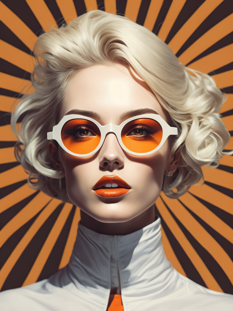 Pale-skinned girl model, wearing a high-necked dress, contrast lighting, white sunglasses with red-orange lenses, red lips, blonde hair in a bob style, dark background with orange-red rays, fashion model, magazine cover, professional shot,