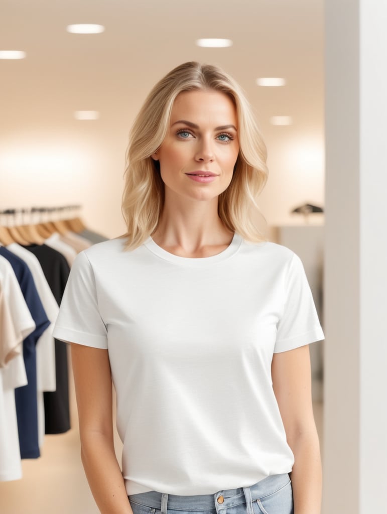 Woman wearing T-Shirt in Clothing Store Mockup