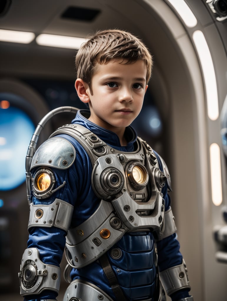 A preteen child, wearing a spacesuit, being turned into a cyborg, inside a space station,