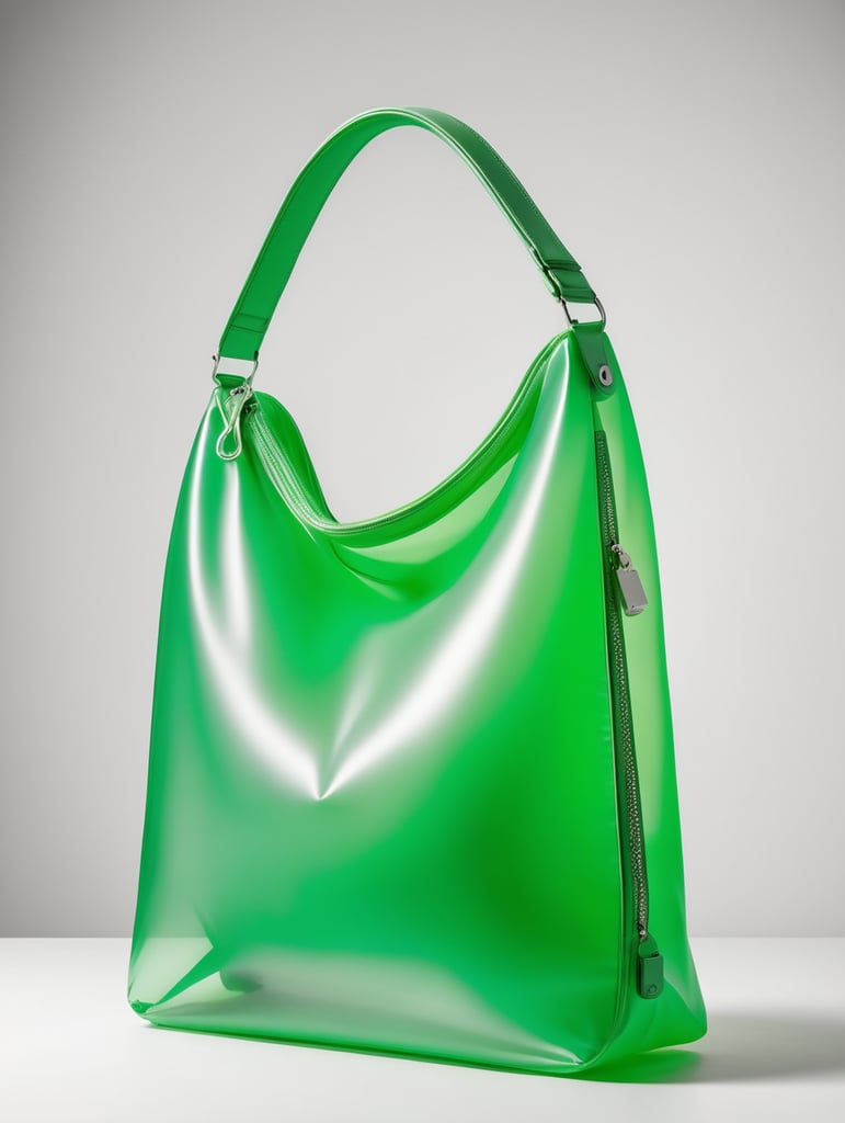 Inflatable vibrant green minimalist women's bag, transparent, isolated, grey background, mockup