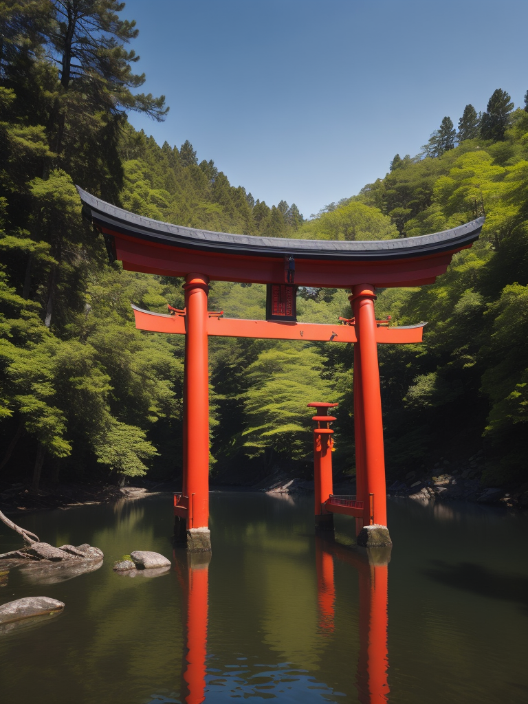 Red torii gate in middle of a lake, Dense forest on the edge of the lake, Bright and saturated colors, Japanese culture, photorealistic, contrast light