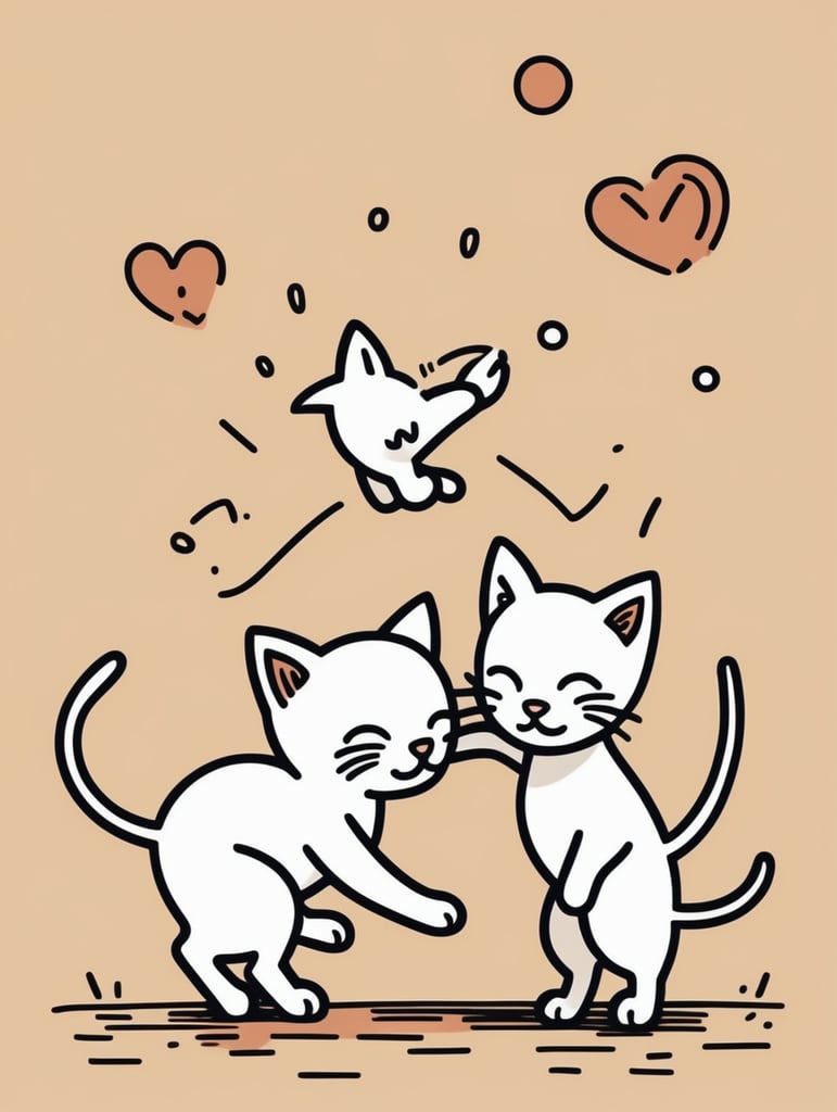 Simple figural illustration of a two kittens playing, solid color background, Keith Haring style graffiti, sharp illustrations, bold lines and solid colors, simple details, minimalism