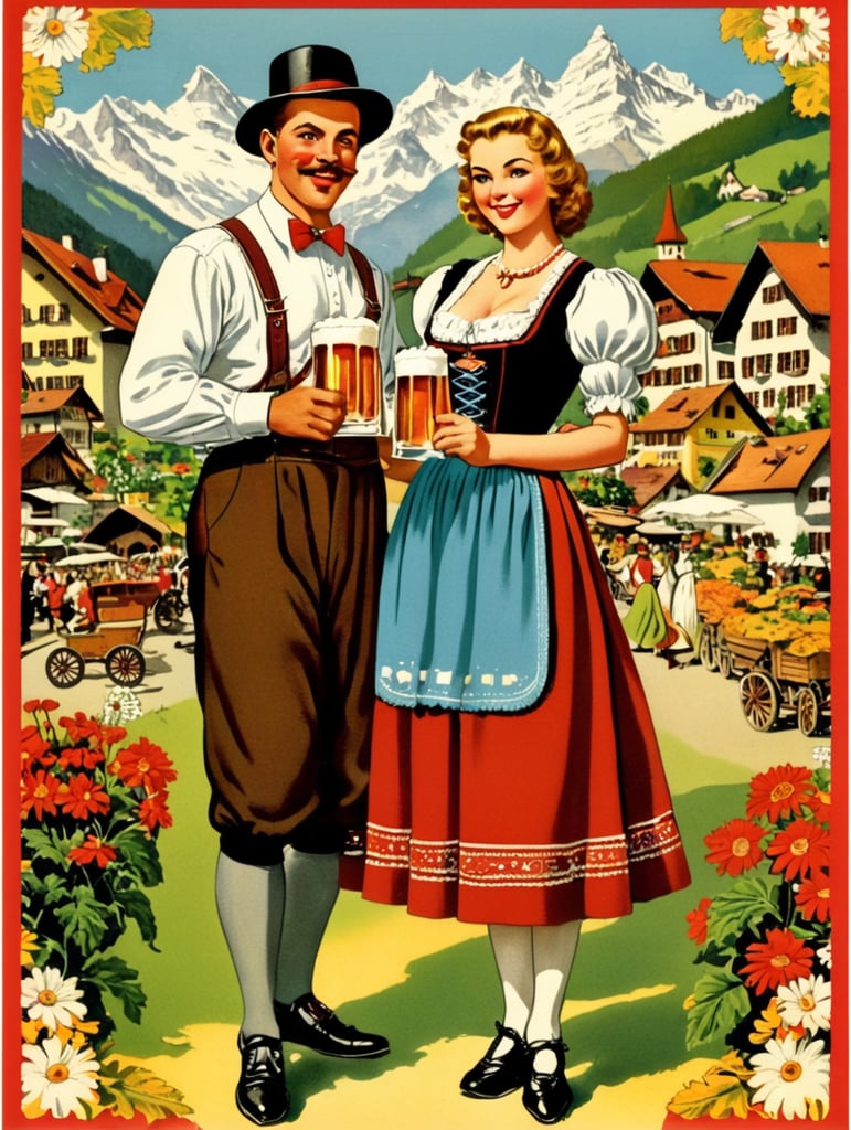 Switzerland, vintage Octoberfest postcard illustration