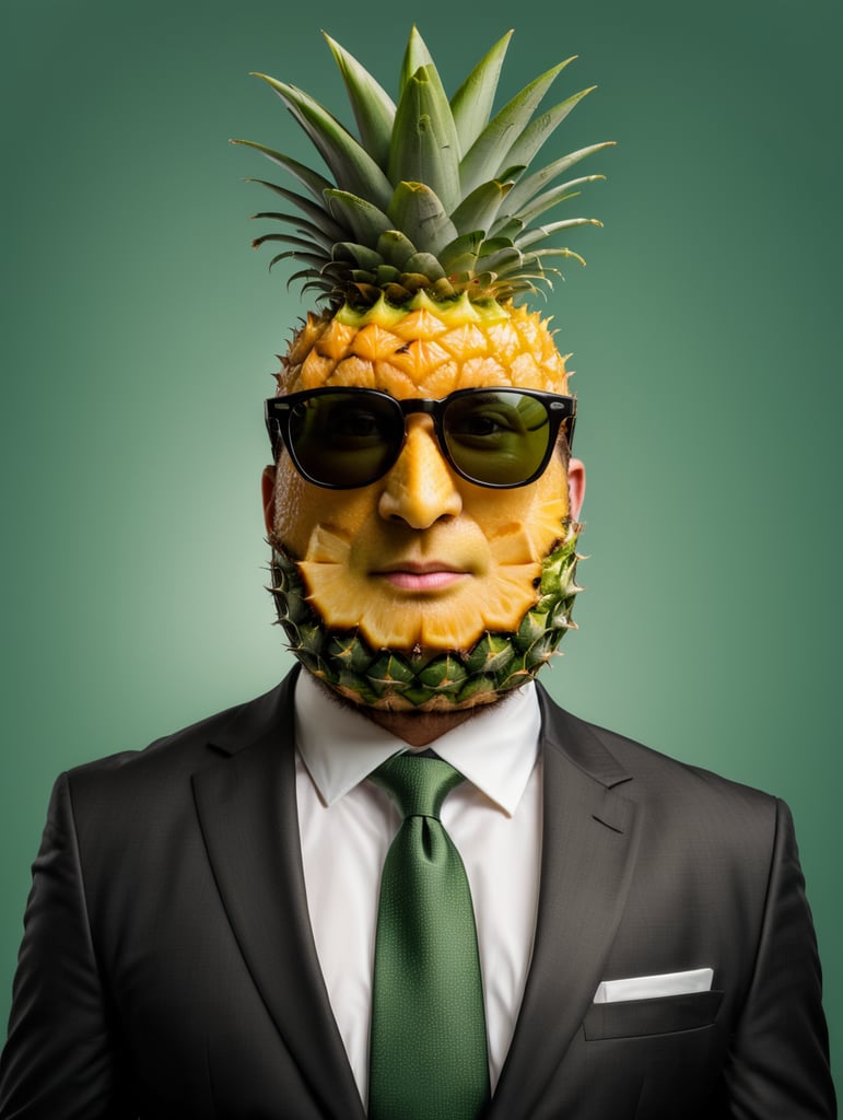 A man in a business suit with a pineapple for a head, green background, sunglasses, isolated