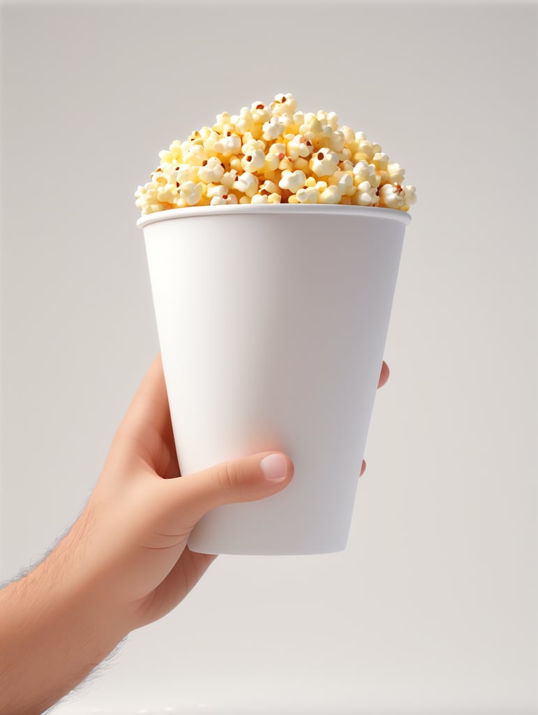 A cartoon hand is holding a popcorn cup, cartoon, 3d render, soft light, white background