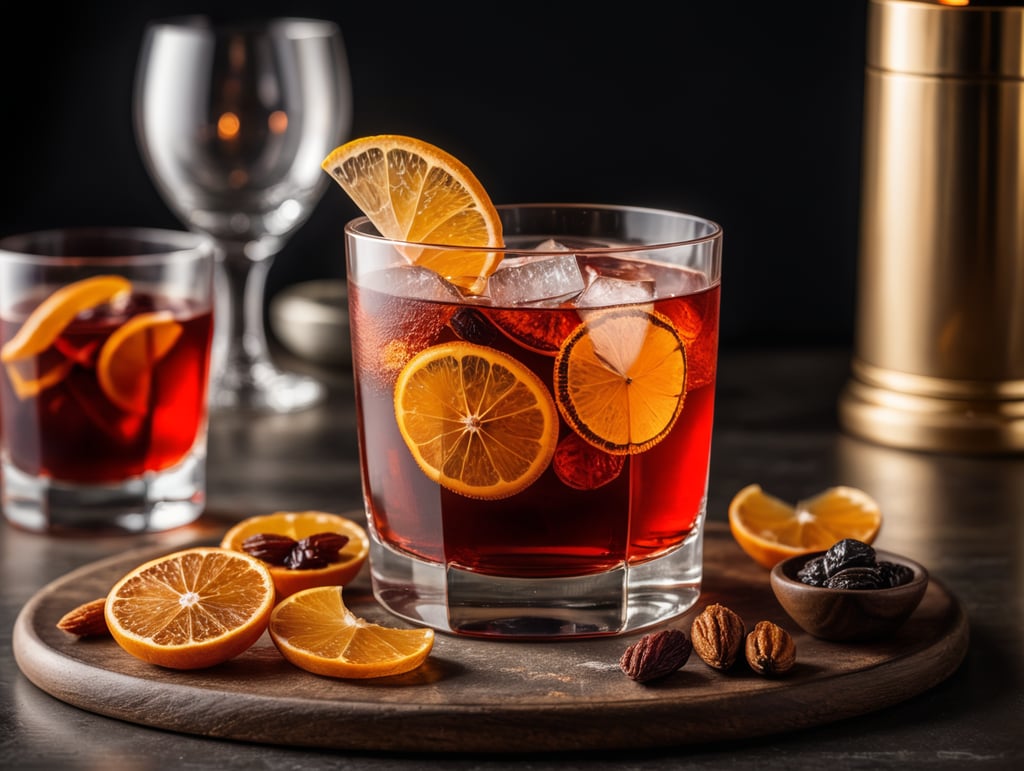 Negroni Cocktail with dried fruit slices