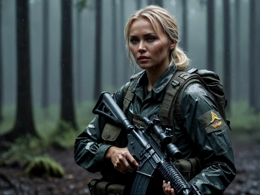 blonde woman with AK-74 gun on her hands rainy tarkov woods in military uniform