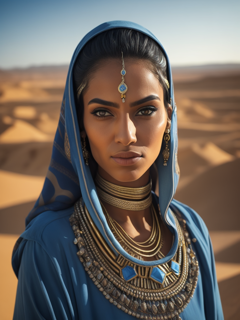 Portrait of an Arab woman with light tanned skin, braided hair, she has face tattoos and heavy silver necklace, she stands with crossed arms, vibrant ethnic blue clothes, National geographic style, desert in the background