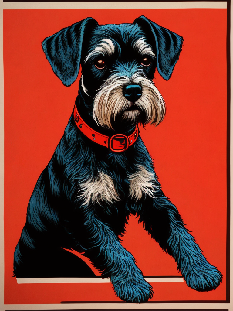 Schnauzer dog in the style of a woodblock print, black, red, faded blue